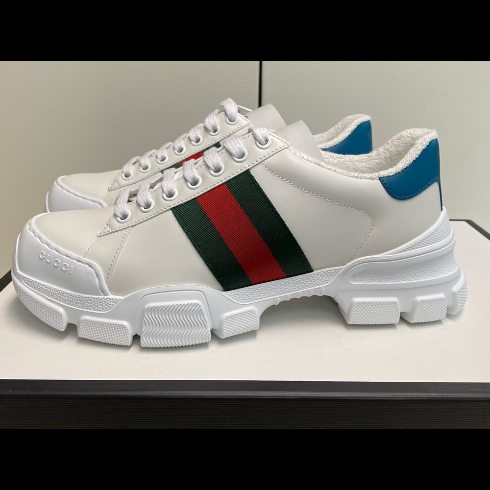 GUCCI white Nathan Web-stripe leather trainers crafted-chunky rubber log sole